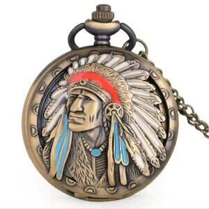 Pocket Watch Native American Traditional Headdress Hinged Flip Open Chain Pouch